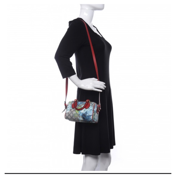 GUCCI GG Supreme Monogram Blooms Mini Boston Navy Blue Hibiscus - Picture 12 of 16